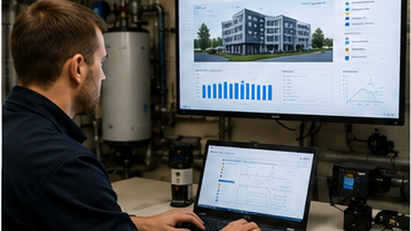 Illustratie van technische analyse met een laptop en overzicht van installatiegegevens