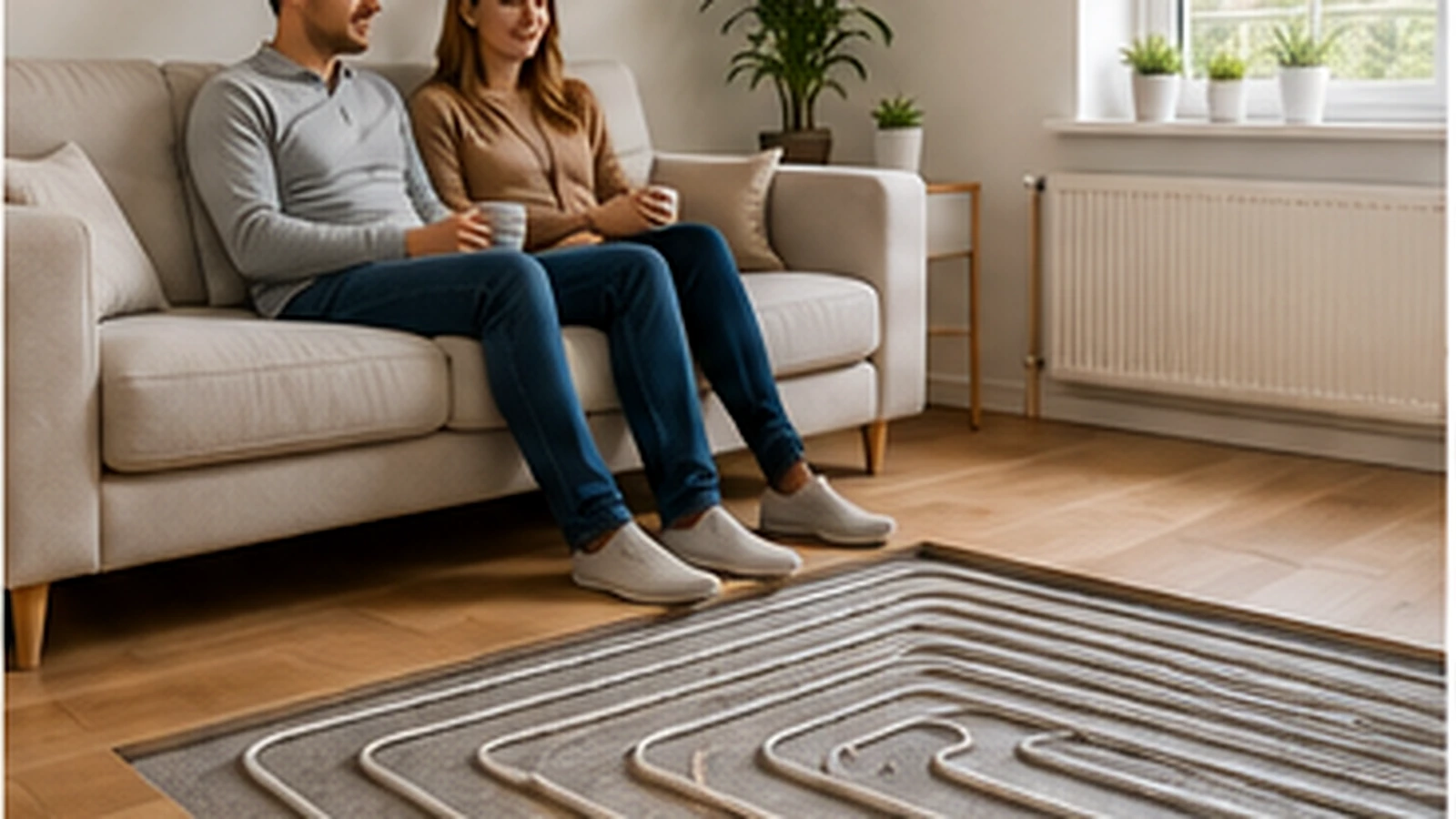 Illustratie van een woning met radiator en vloerverwarmingsleidingen