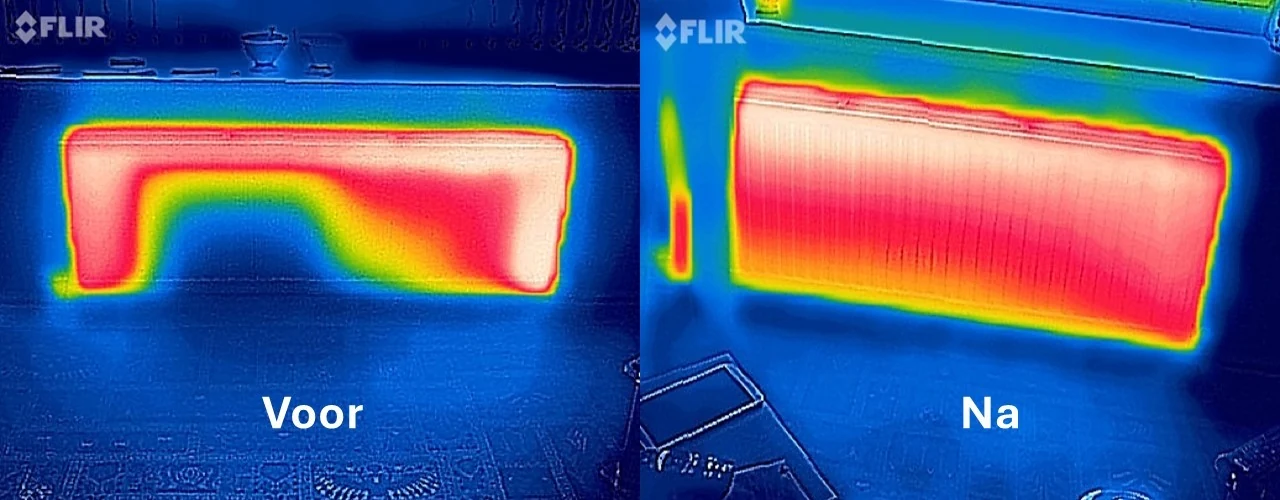 Aangeleverd thermografisch voor- en nabeeld van een radiator